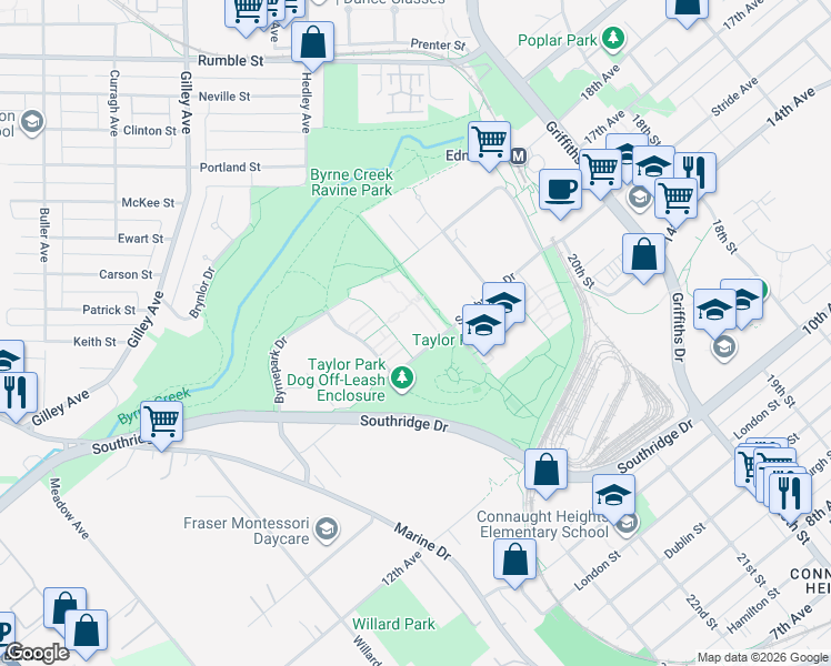 map of restaurants, bars, coffee shops, grocery stores, and more near 7488 Byrnepark Walk in Burnaby