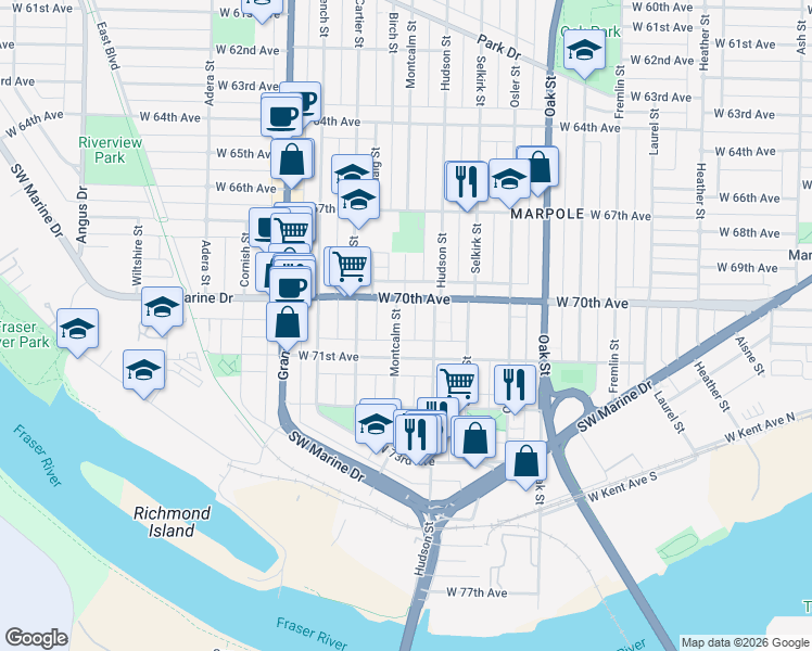 map of restaurants, bars, coffee shops, grocery stores, and more near 8656 Montcalm Street in Vancouver