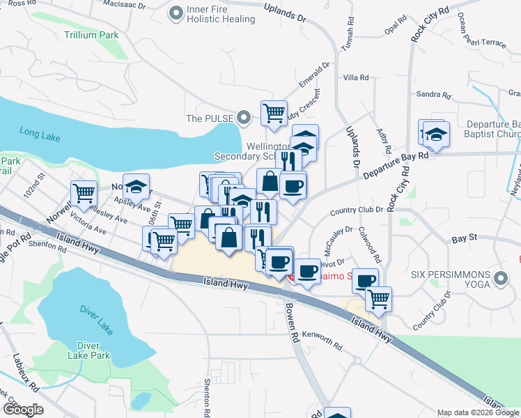 map of restaurants, bars, coffee shops, grocery stores, and more near 3230 Norwell Drive in Nanaimo
