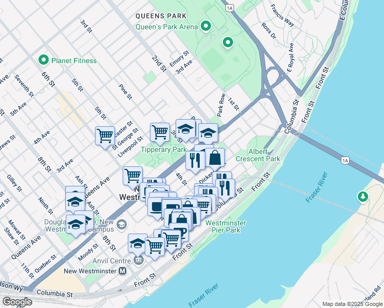 map of restaurants, bars, coffee shops, grocery stores, and more near 308 Royal Avenue in New Westminster