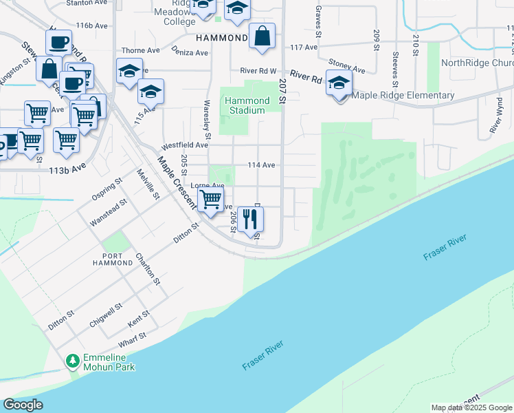 map of restaurants, bars, coffee shops, grocery stores, and more near 113 Avenue in Maple Ridge