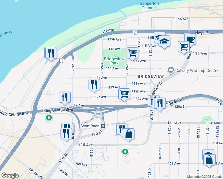 map of restaurants, bars, coffee shops, grocery stores, and more near 12598 113 Avenue in Surrey
