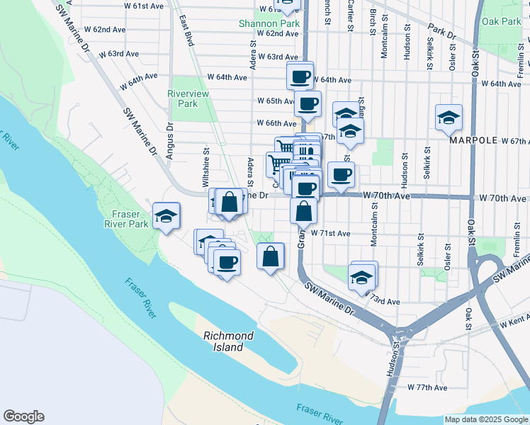 map of restaurants, bars, coffee shops, grocery stores, and more near 8633 Southwest Marine Drive in Vancouver