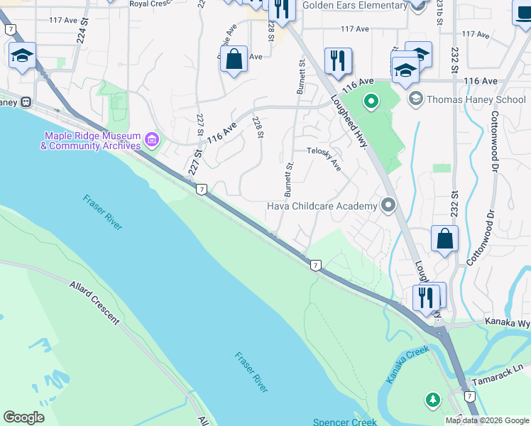 map of restaurants, bars, coffee shops, grocery stores, and more near 11285 Burnett Street in Maple Ridge