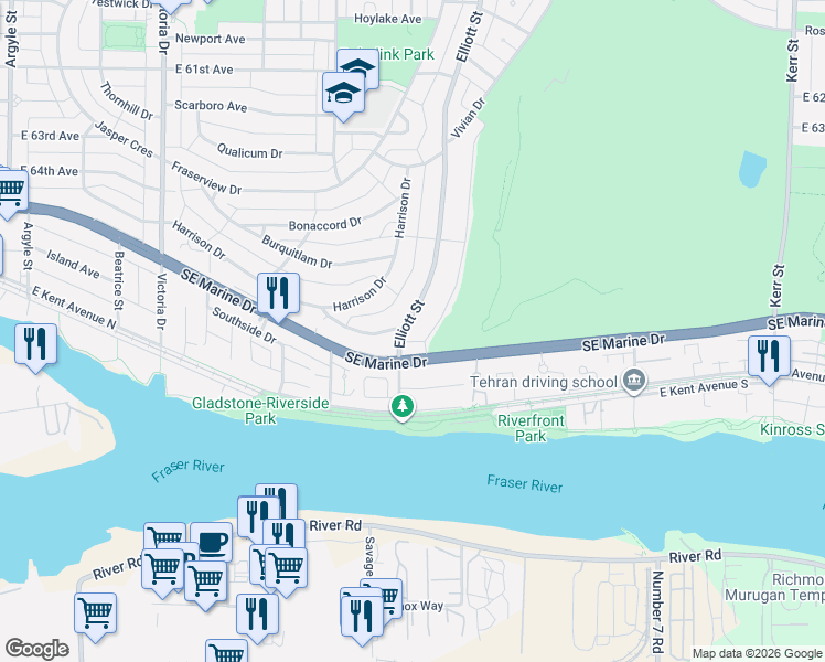 map of restaurants, bars, coffee shops, grocery stores, and more near 8356 Elliott Street in Vancouver