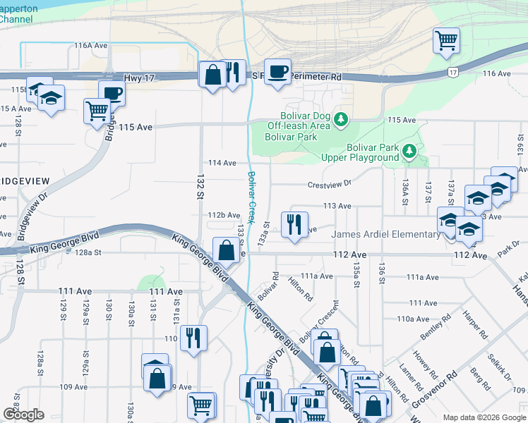map of restaurants, bars, coffee shops, grocery stores, and more near 11285 133A Street in Surrey