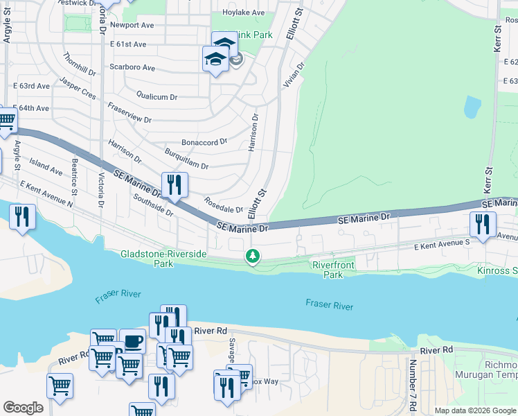 map of restaurants, bars, coffee shops, grocery stores, and more near in Vancouver