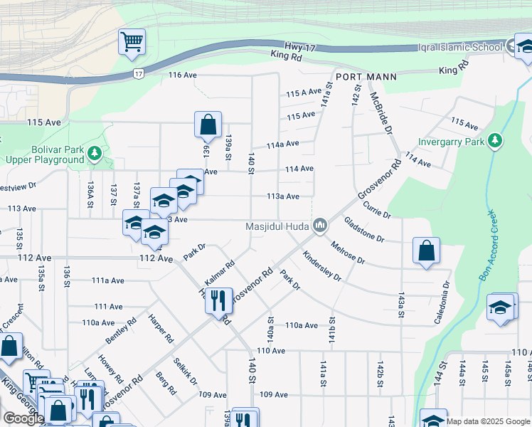 map of restaurants, bars, coffee shops, grocery stores, and more near 14031 113 Avenue in Surrey