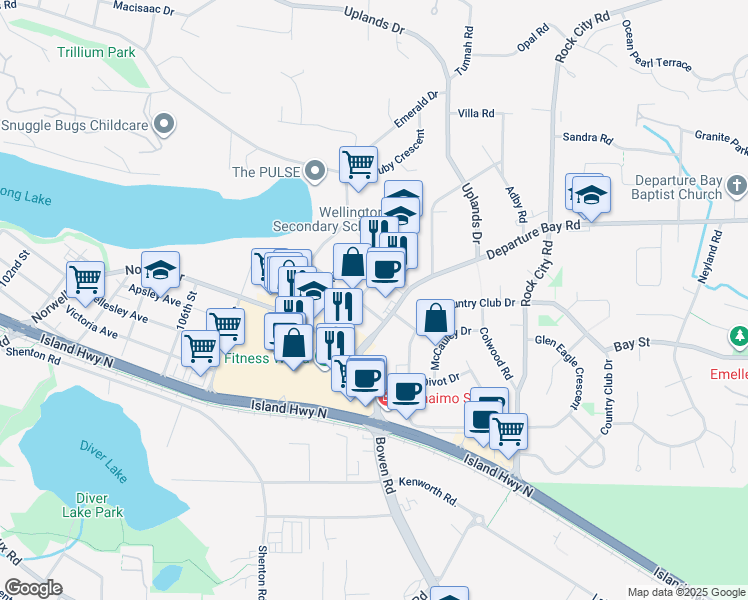 map of restaurants, bars, coffee shops, grocery stores, and more near 3193 Barons Road in Nanaimo