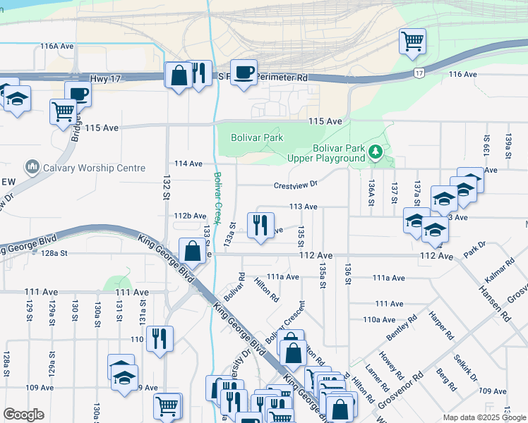 map of restaurants, bars, coffee shops, grocery stores, and more near 13414 113 Avenue in Surrey