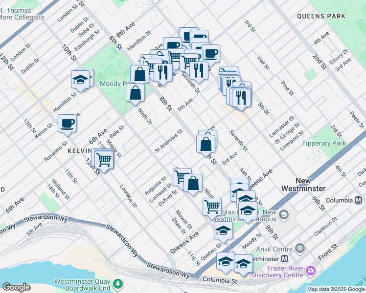 map of restaurants, bars, coffee shops, grocery stores, and more near 815 4th Avenue in New Westminster