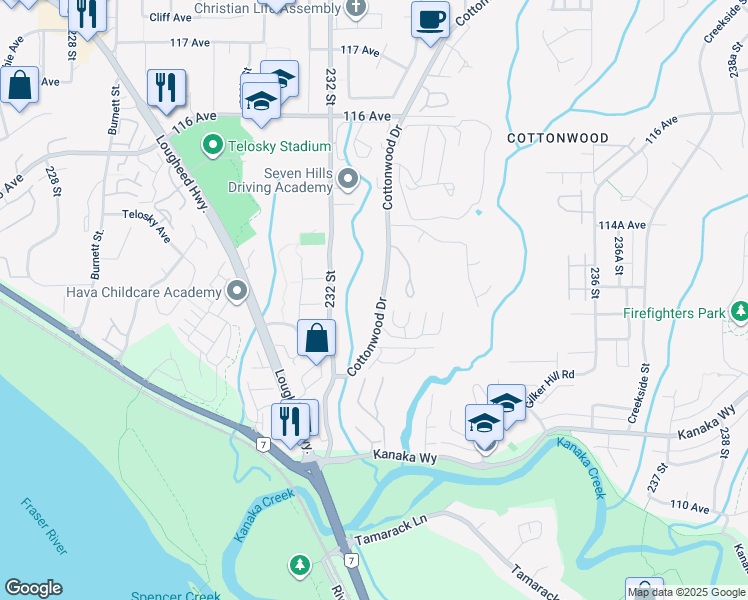 map of restaurants, bars, coffee shops, grocery stores, and more near 11355 Cottonwood Drive in Maple Ridge
