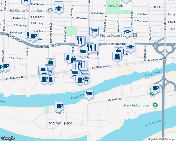 map of restaurants, bars, coffee shops, grocery stores, and more near 900 East Kent Avenue South in Vancouver