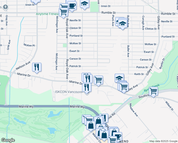 map of restaurants, bars, coffee shops, grocery stores, and more near 5489 Keith Street in Burnaby