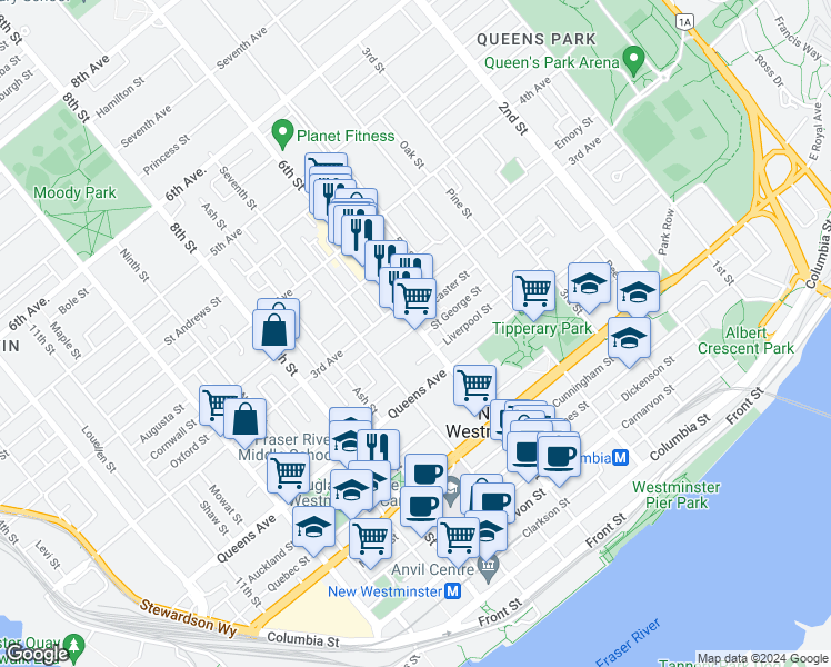 map of restaurants, bars, coffee shops, grocery stores, and more near 222 6th Street in New Westminster