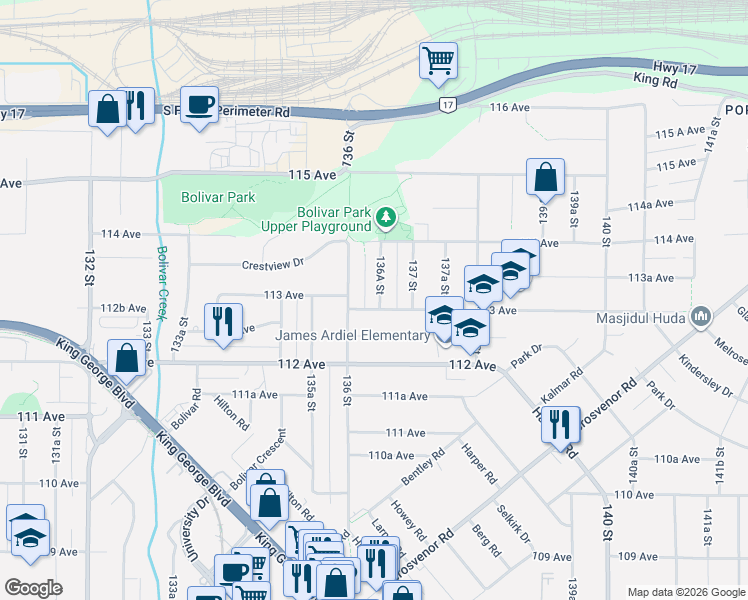 map of restaurants, bars, coffee shops, grocery stores, and more near 11321 136A Street in Surrey