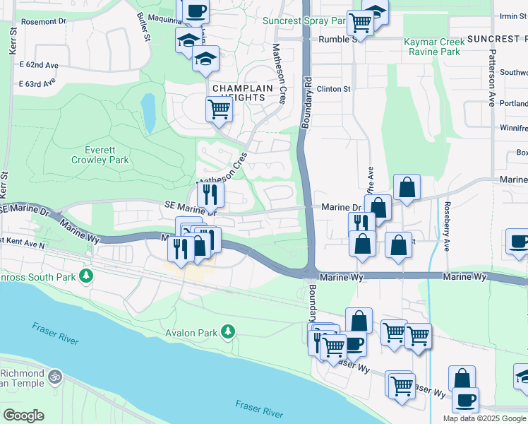 map of restaurants, bars, coffee shops, grocery stores, and more near 3599 Southeast Marine Drive in Vancouver