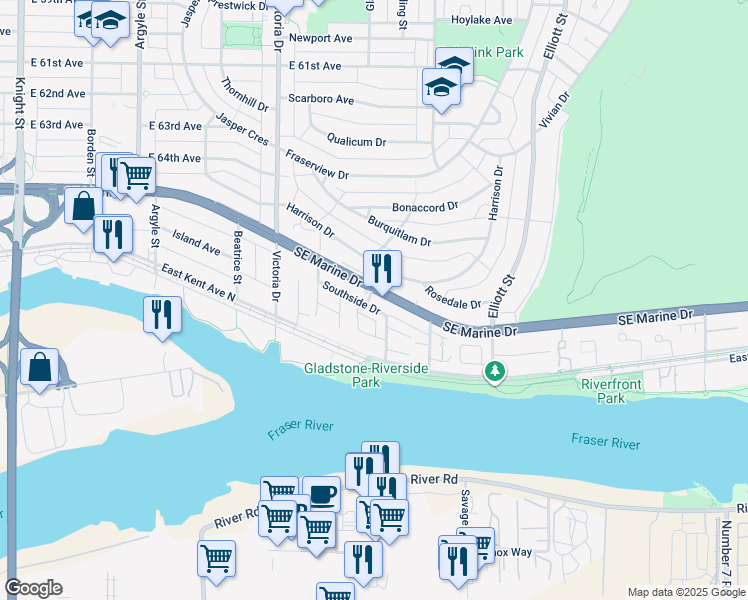 map of restaurants, bars, coffee shops, grocery stores, and more near 8438 Gladstone Street in Vancouver