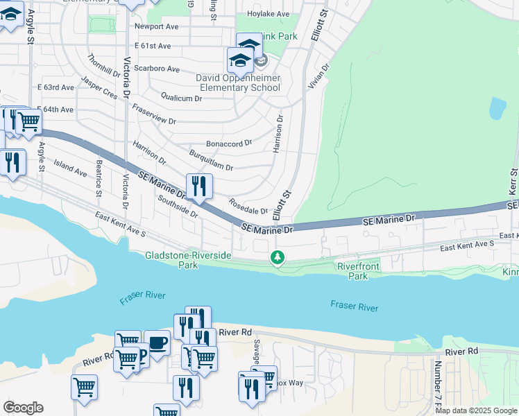 map of restaurants, bars, coffee shops, grocery stores, and more near 2349 Rosedale Drive in Vancouver
