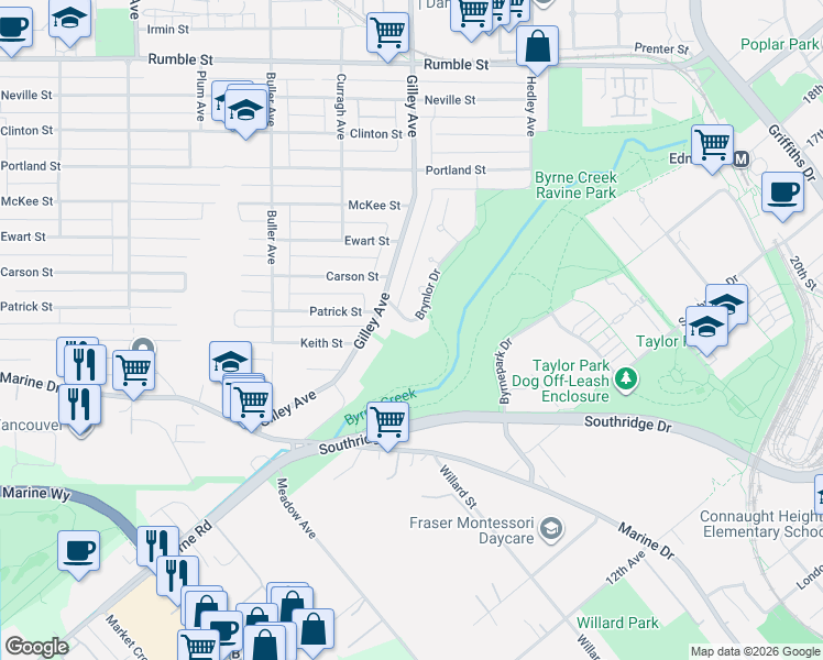 map of restaurants, bars, coffee shops, grocery stores, and more near 8232 Brynlor Drive in Burnaby