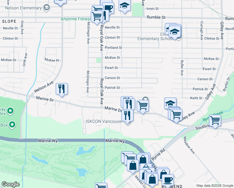 map of restaurants, bars, coffee shops, grocery stores, and more near 5349 Keith Street in Burnaby