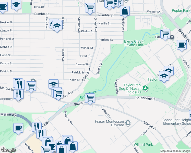 map of restaurants, bars, coffee shops, grocery stores, and more near 8232 Brynlor Drive in Burnaby