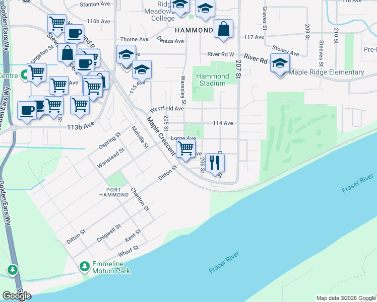 map of restaurants, bars, coffee shops, grocery stores, and more near in Maple Ridge