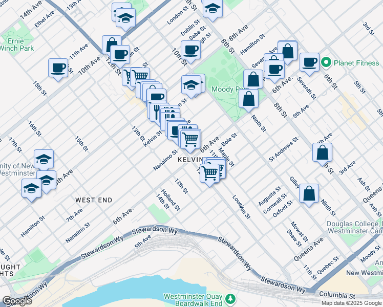 map of restaurants, bars, coffee shops, grocery stores, and more near 1113 6th Avenue in New Westminster