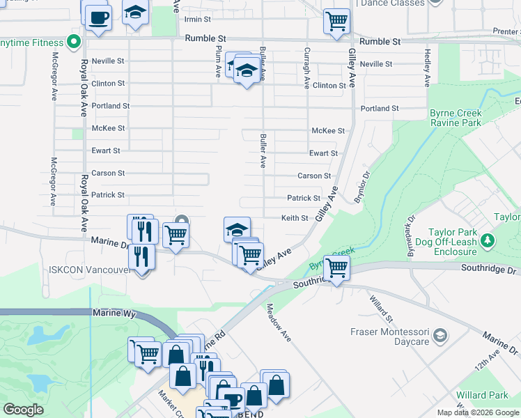 map of restaurants, bars, coffee shops, grocery stores, and more near 5886 Keith Street in Burnaby