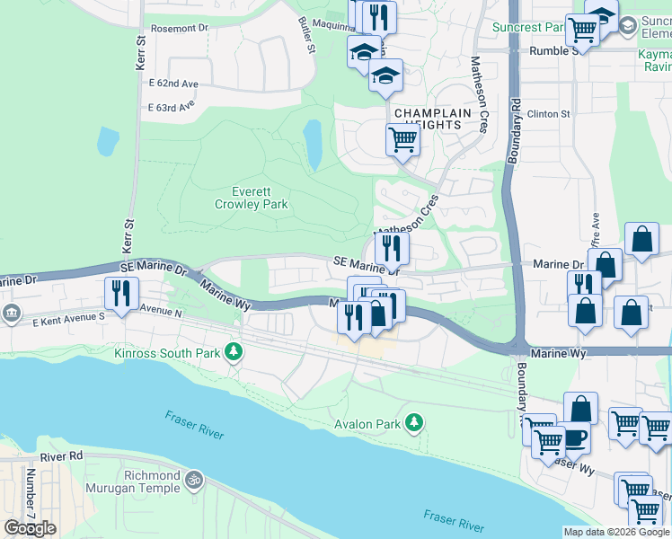 map of restaurants, bars, coffee shops, grocery stores, and more near 3400 Southeast Marine Drive in Vancouver