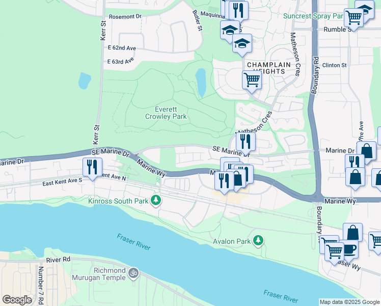 map of restaurants, bars, coffee shops, grocery stores, and more near 8402 Keystone Street in Vancouver