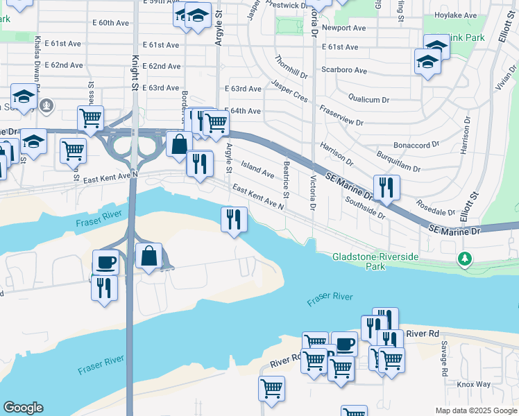 map of restaurants, bars, coffee shops, grocery stores, and more near 1880 East Kent Avenue South in Vancouver