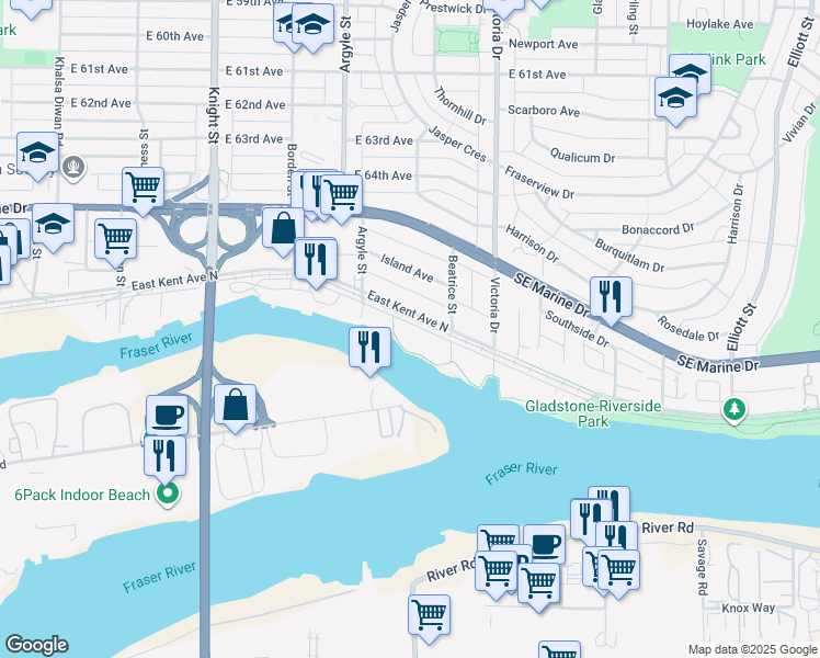 map of restaurants, bars, coffee shops, grocery stores, and more near 104 East Kent Avenue South in Vancouver