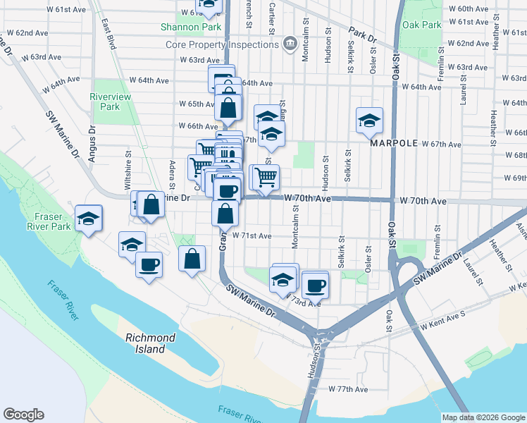 map of restaurants, bars, coffee shops, grocery stores, and more near 8655 Cartier Street in Vancouver