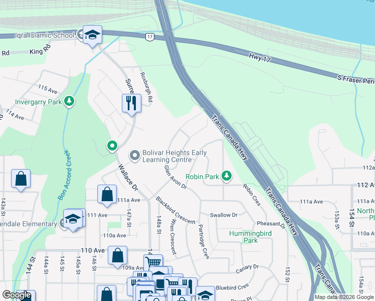 map of restaurants, bars, coffee shops, grocery stores, and more near 11310 Loughren Drive in Surrey