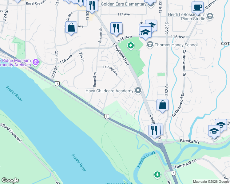 map of restaurants, bars, coffee shops, grocery stores, and more near 11315 230 Street in Maple Ridge