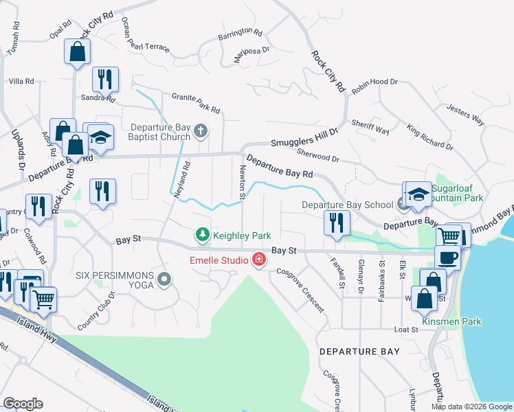 map of restaurants, bars, coffee shops, grocery stores, and more near 2985 Thomas Street in Nanaimo