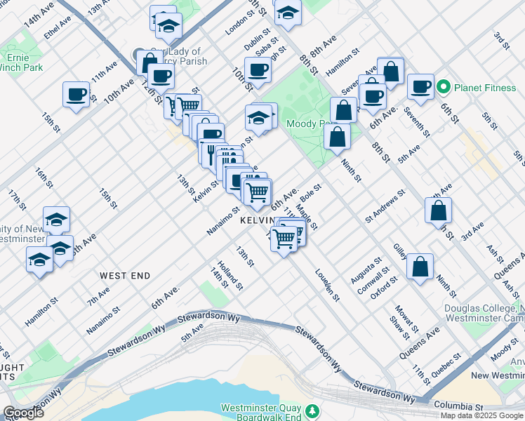 map of restaurants, bars, coffee shops, grocery stores, and more near in New Westminster