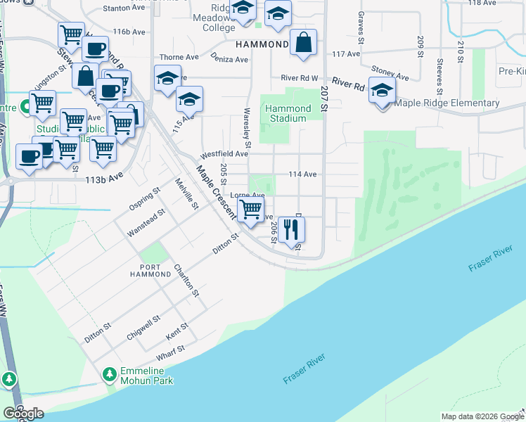 map of restaurants, bars, coffee shops, grocery stores, and more near in Maple Ridge