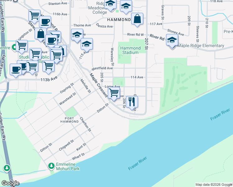 map of restaurants, bars, coffee shops, grocery stores, and more near in Maple Ridge