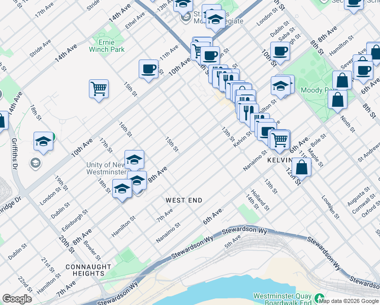 map of restaurants, bars, coffee shops, grocery stores, and more near in New Westminster