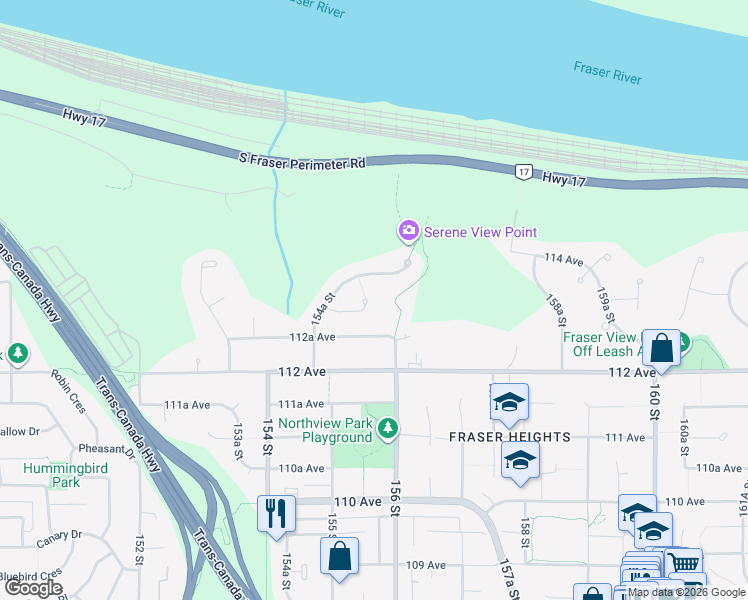 map of restaurants, bars, coffee shops, grocery stores, and more near 15580 113 Avenue in Surrey
