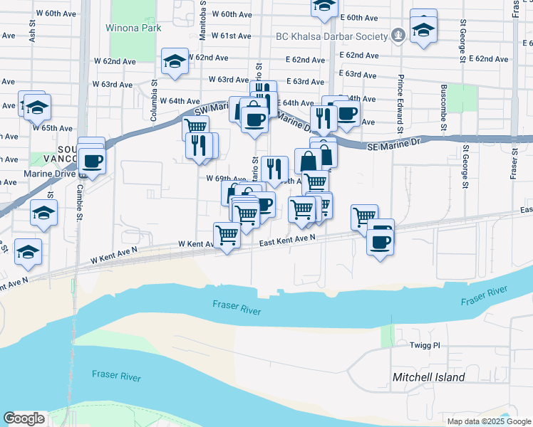 map of restaurants, bars, coffee shops, grocery stores, and more near in Vancouver