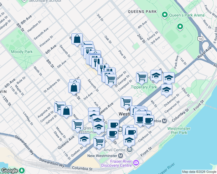 map of restaurants, bars, coffee shops, grocery stores, and more near 228 6th Street in New Westminster