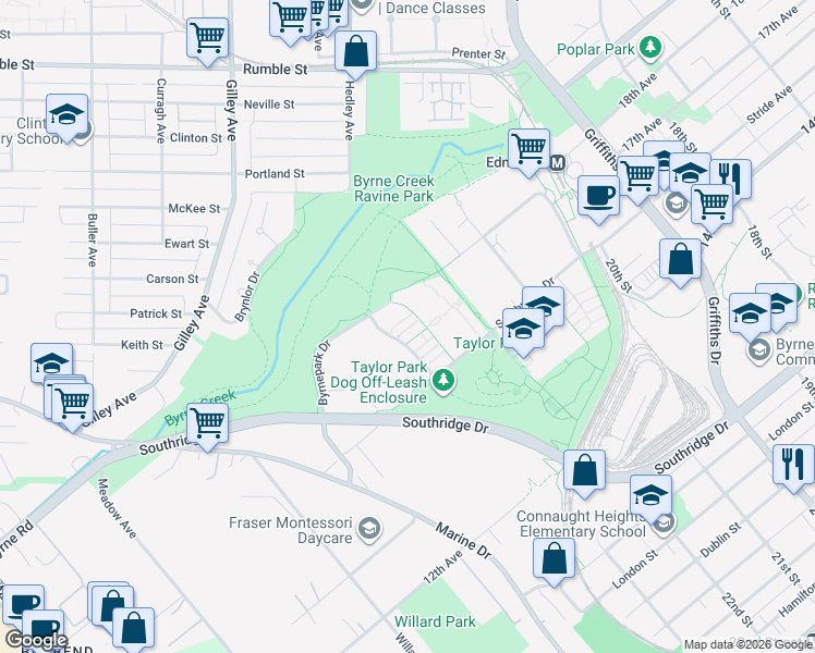 map of restaurants, bars, coffee shops, grocery stores, and more near 7428 Southwynde Avenue in Burnaby