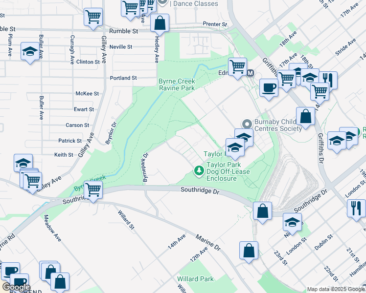 map of restaurants, bars, coffee shops, grocery stores, and more near 7428 Southwynde Avenue in Burnaby