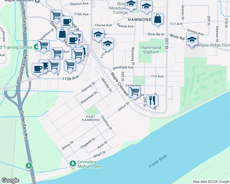 map of restaurants, bars, coffee shops, grocery stores, and more near 20430 Lorne Avenue in Maple Ridge