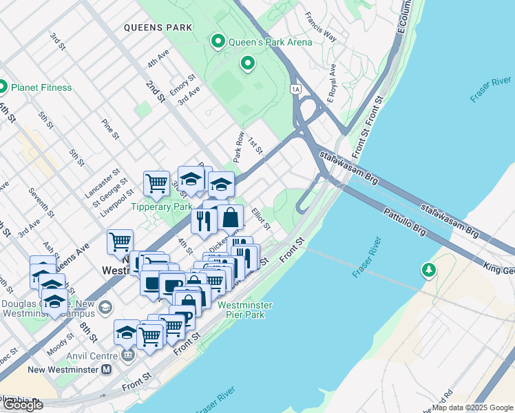 map of restaurants, bars, coffee shops, grocery stores, and more near in New Westminster