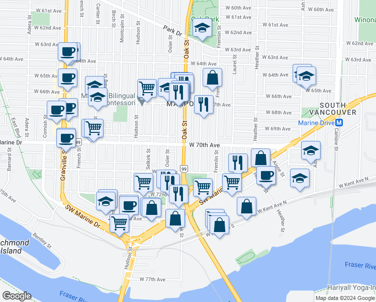 map of restaurants, bars, coffee shops, grocery stores, and more near in Vancouver