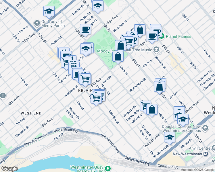 map of restaurants, bars, coffee shops, grocery stores, and more near 1021 Howay Street in New Westminster